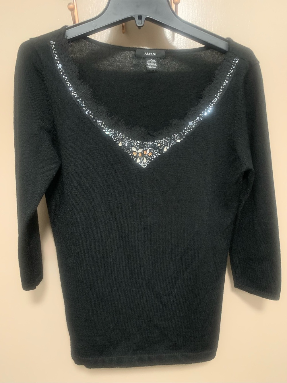 Alfani Black Wool Blend Sweater with Rhinestone & Lace Trim Size S